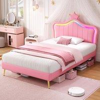 3ft Single Upholstered Bed with Adjustable Crown Headboard, PU Leather Platform, Bed Base for Living Room, 194L x 103W x 125H cm, Pink Aosom UK