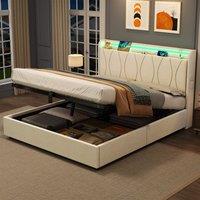 Double Upholstered Bed with LED Headboard, Charging Station, Hydraulic Storage Bed for Bedrooms, 207L x 136W x 105H cm, Beige Aosom UK