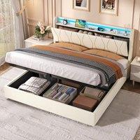 5ft King Upholstered Bed Frame with Hydraulic Storage and Charging Station, RGB LED Bed Base for Living Room, 220L x 155W x 105H cm, Beige Aosom UK