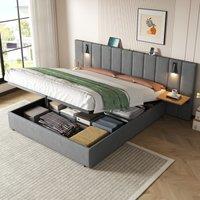 Upholstered Velvet King Bed with Charging Station, Adjustable Shelf, Hydraulic Storage Bed with Reading Light, 237L x 207W x 109H cm, Grey Aosom.UK