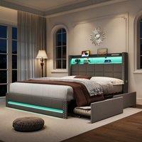 Double Upholstered Bed with Rivet Button Tufted Headboard, USB and Type-C Charging Ports, Storage Bed Frame with 4 Sliding Drawers, Grey Aosom UK