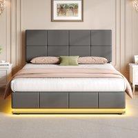 Ottoman Double Bed with PU Leather Finish, Adjustable Headboard, Hydraulic Storage Bed with LED Lighting, 193L x 142W x 111H cm, Grey Aosom UK