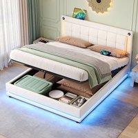 Upholstered Bed with Charging Station, Adjustable Tufted Headboard, LED Lighting Strip, Hydraulic Storage Bed for Bedroom, Beige Aosom UK