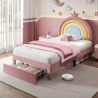 3FT Upholstered Bed with Adjustable Rainbow Headboard, Velvet Frame, Single Bed Frame with Underbed Storage, 194L x 94W x 128H cm, Pink Aosom UK