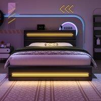King Upholstered Bed Frame with Hydraulic Storage and LED Lights, Bedside Equipped with Type-C and USB ports, 210L x 160W x 110H cm, Black Aosom UK