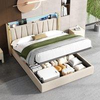 Upholstered Double Bed Frame with USB and Type-C Charging Ports, Hydraulic Storage Bed with LED Headboard, 214L x 150W x 110H cm, Beige Aosom UK