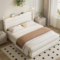 King Upholstered Bed with Ample Storage, Adjustable LED Reading Light, Practical Headboard for Living Room, 208L x 158W x 113H cm, Beige Aosom UK