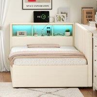 Single Daybed with Storage Drawers, LED Headboard and Charging Station, Linen Sofa Bed Ideal for Compact Rooms, 200L x 97W x 82H cm, Beige Aosom UK