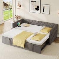 Upholstered Sofa Bed with Charging Station, Button-Tufted Design, Pull-out Trundle Bed for Bedroom, Study Room, 206L x 193W x 71H cm, Grey Aosom UK