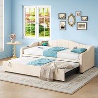 Velvet Upholstered Daybed with USB and Type-C Charging Ports, Convertible Sofa Bed with Pull-Out Trundle, 202L x 193W x 78H cm, Beige Aosom UK