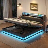 King Upholstered Bed Frame with Hydraulic Storage, Charging Station, LED Headboard Ideal for Living Room, 214L x 156W x 113H cm, Grey Aosom UK
