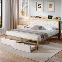 Double Bed Frame with Storage Drawers and RGB LED Headboard, Modern Bed Base for Living Rooms, 207L x 138W x 100H cm, Beige+Chrome Aosom UK