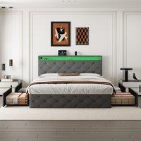 Double Upholstered Bed with Storage Drawers, Adjustable Button Tufted Design, Headboard for Modern Elegance, 200L x 142W x 109H cm, Grey Aosom UK