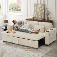 3-in-1 Convertible Corduroy Sofa Bed with Storage and Charging Station, L-Shaped Sleeper Sofa with Armrest, 205L x 128W x 79H cm, Beige Aosom UK