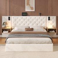 King Bed Frame with Charging Station and Reading Light, Upholstered Bed with Button Tufted Headboard, 207L x 237W x 108H cm, Beige Aosom UK