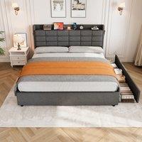 King Bed Frame with Hydraulic Storage and LED Night Light, Linen Upholstered Bed Ideal for Modern Elegance, 202L x 153W x 113H cm, Grey Aosom UK