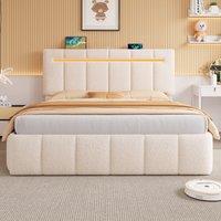 Double Upholstered Bed Frame with Hydraulic Storage and Charging Station, LED Headboard for Modern Homes, 193L x 144W x 116H cm, Beige Aosom UK