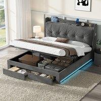 5ft King Ottoman Bed Frame with Two Drawers and Side Pockets, Velvet Upholstered Headboard for Living Room, 213L x 155W x 111H cm, Grey Aosom UK