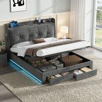 Double Ottoman Upholstered Bed Frame with Hydraulic Storage, Side Pockets, Headboard for Living Room, 203L x 138W x 111H cm, Grey Aosom UK