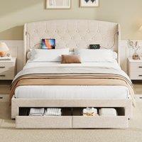 Double Upholstered Ottoman Bed with USB & Type-C Charging Station, Bed Frame with 2 Storage Drawers, 200L x 144W x 116H cm, Beige Aosom UK