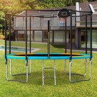 Outdoor Trampoline with Basketball Hoop and Safety Net, Heavy Duty Rebounder with Weatherproof Steel Frame, 366L x 366W x 76H cm, Blue Aosom UK
