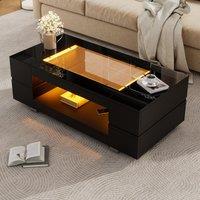 Modern LED Hollow Coffee Table with App-Controlled Light Strip, Desk with High-Gloss Toughened Glass Top, 100L x 50W x 35H cm, Black Aosom UK