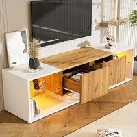Modern TV Stand with 2 Drawers and 5 Open Compartments, TV Cabinet with App-controlled LED Lights, 160L x 40W x 42H cm, White+Wood Aosom UK