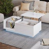 Lift-Up Coffee Table with Space-Saving Hidden and Open Storage, Desk with LED App-Controlled Lighting, 100L x 50W x 33H cm, White Aosom UK
