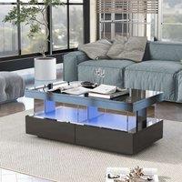 High Gloss Coffee Table with 16-Colour LED Lights, 2 Drawers and Open Storage, Modern 2-Tier Black Coffee Table, 100x60x49.5 cm, Black Aosom UK