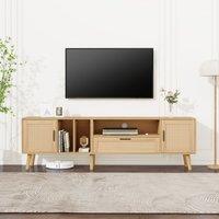 TV Units Modern with 2 Doors & Drawer, Contemporary TV Stands in Oak with Solid Wooden Legs?Rattan Decoration, Up to 80'' TV Size Aosom UK