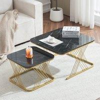 Nest of 2 Modern Marble Coffee Tables with Gold Metal Frame, Multi-functional End Side Tables with Marble Pattern Top, 70x70x43 cm, Black Aosom.UK