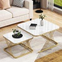 Nest of 2 Settee Side Table with Gold Metal Frame and Marble Pattern Top, Multi-functional Modern Coffee Table for Home, 70x70x43 cm, White Aosom.UK