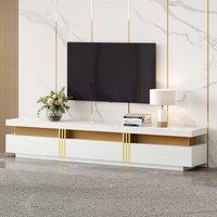 Luxury TV Stand with 3 Drawers and Faux Marble Top for 89-Inch TV, Entertainment Centre with Golden Panel Design, 200L x 40W x 42H cm, White Aosom.UK