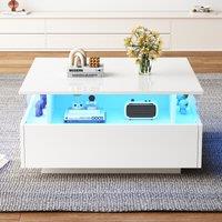 Modern LED Coffee Table with Storage and Bluetooth Control, Square Design Cocktail Table with 2 Sliding Drawers, 70L x 70W x 41H cm, White Aosom.UK