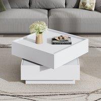 Square Rotating Coffee Table with 2 Drawers, 2-Tier Swivel Tabletop and Storage, Centre Table for Living Room, 60L x 60W x 38H cm, White Aosom.UK