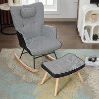 Ergonomic Fabric Rocking Chair with Footstool, Solid Wood Legs, High Back Recliner Chair with Neck Pillow, 85L x 65W x 96H cm, White+Black Aosom UK