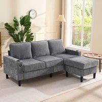L-Shaped Corner Sofa with USB Charging Ports, Cup Holders, Ergonomic 3-Seater Sectional Couch for Apartment, 202L x 137W x 80H cm, Grey Aosom.UK