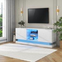 Modern High Gloss TV Cabinet Stand with Smart LED Lighting, Tempered Glass Shelves, Particle Board Entertainment Centre for 70" TV, White Aosom UK