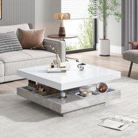 360 Rotating Coffee Table with Concealed Storage Compartments, White Center Table with Durable Construction, 70L x 70W x 36H cm, White Aosom UK
