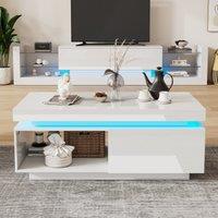 High Gloss LED Sofa Table with Remote-Controlled Lighting, Modern Coffee Table with Drawer, Open Display Shelf, 100L x 50W x 40H cm, White Aosom.UK