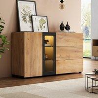 Versatile Storage Cabinet with 3 Drawers, Smart LED Lighting, Sideboard with Adjustable Glass Shelves, 140L x 40W x 80H cm, Black+Brown Aosom UK