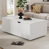 Lift Up Coffee Table with Hydraulic Mechanism, Hidden Storage, Wooden Tea Table with Sliding Door and Drawer, 117L x 65W x 43H cm, White Aosom UK