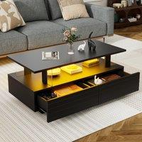 Modern Coffee Table with App-Controlled LED, 2-Drawer and Open Storage, Centre Table with USB-Powered, 100L x 50W x 42.5H cm, Black Aosom UK