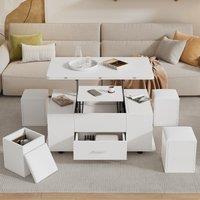 Modern Lift-Top Coffee Table with Hydraulic Lift and Hidden Storage, Versatile Unit with 4 Stools and Drawer, 100L x 50W x 45H cm, White Aosom UK