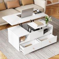Extendable Lift-Top Coffee Table with 2 Lift-Up Tabletops, Space-Saving Dining Table with four drawers, 100L x 50W x 47.5H cm, White Aosom UK