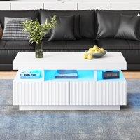 Modern Coffee Table with App-Controlled LED and Two Ribbed Drawers, Sleek Unit with Open Display Shelf, 100L x 50W x 45H cm, White Aosom UK
