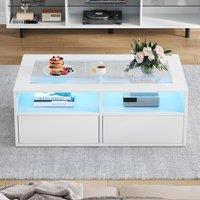 Smart Coffee Table with App-Controlled LED, USB Port and Glass Top, Practical Unit with 2 Drawers and Shelves,100L x 50W x 35H cm, White Aosom UK