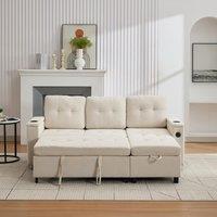 L-Shaped 3-Seater Sofa Bed with Hidden Storage, USB & USB-C Ports, Space-Saving Sofa for Compact Spaces, 208L x 146W x 89.5H cm, Beige Aosom UK