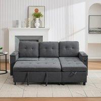 L-Shaped 3-Seater Sofa Bed with Hidden Storage, App-Controlled LED Light, Pull-Out Sofa for Compact Areas, 208L x 146W x 89.5H cm, Grey Aosom UK