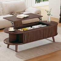 Lift-Up Oval Coffee Table with Roller-Shutter Doors, Space-Saving Centre Table with Solid Wood Legs, 120L x 50W x 39.5H cm, Wood Aosom UK